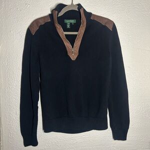 Ralph Lauren Black Knit Half-Zip Sweater with Brown Leather Accents